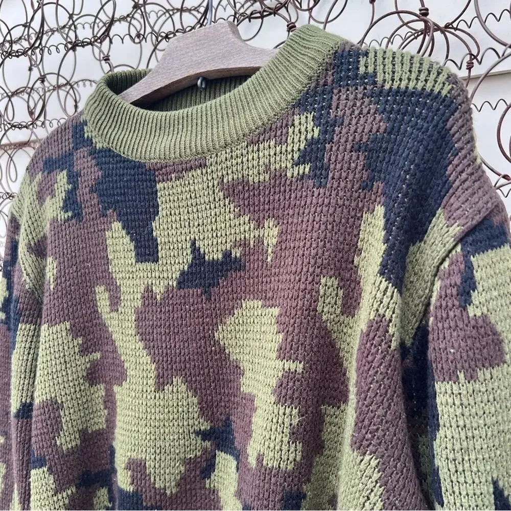 Vintage 80s Redhead Green Brown Camo Knit Hunting Sweater MEDIUM?